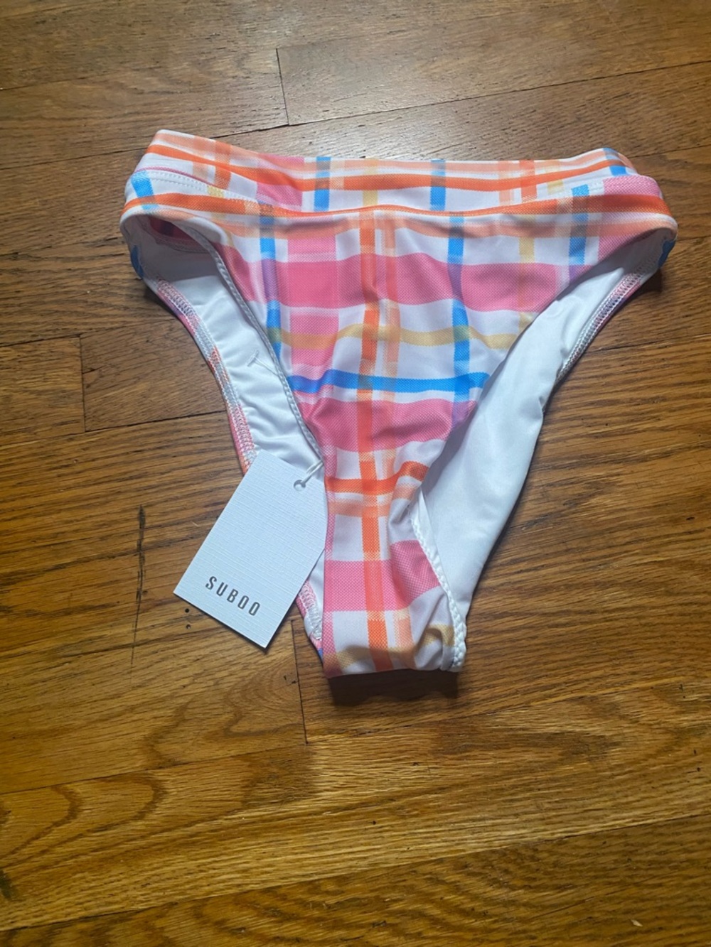 Suboo Brigitte High Cut Bikini Bottom XXS Plaid Pink Orange Blue NWT - Picture 2 of 7